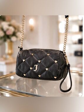 Juicy Couture Black Quilted Crossbody Bag Gold Heart Studs Chain Strap NWT